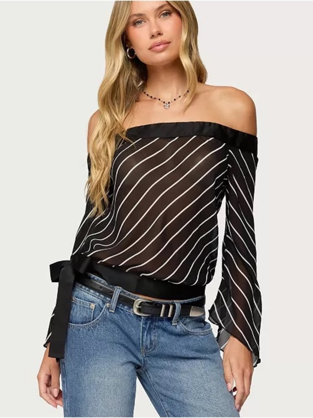 Edikted Black & White Striped Off-Shoulder Tie-Waist Sweater, Size Small